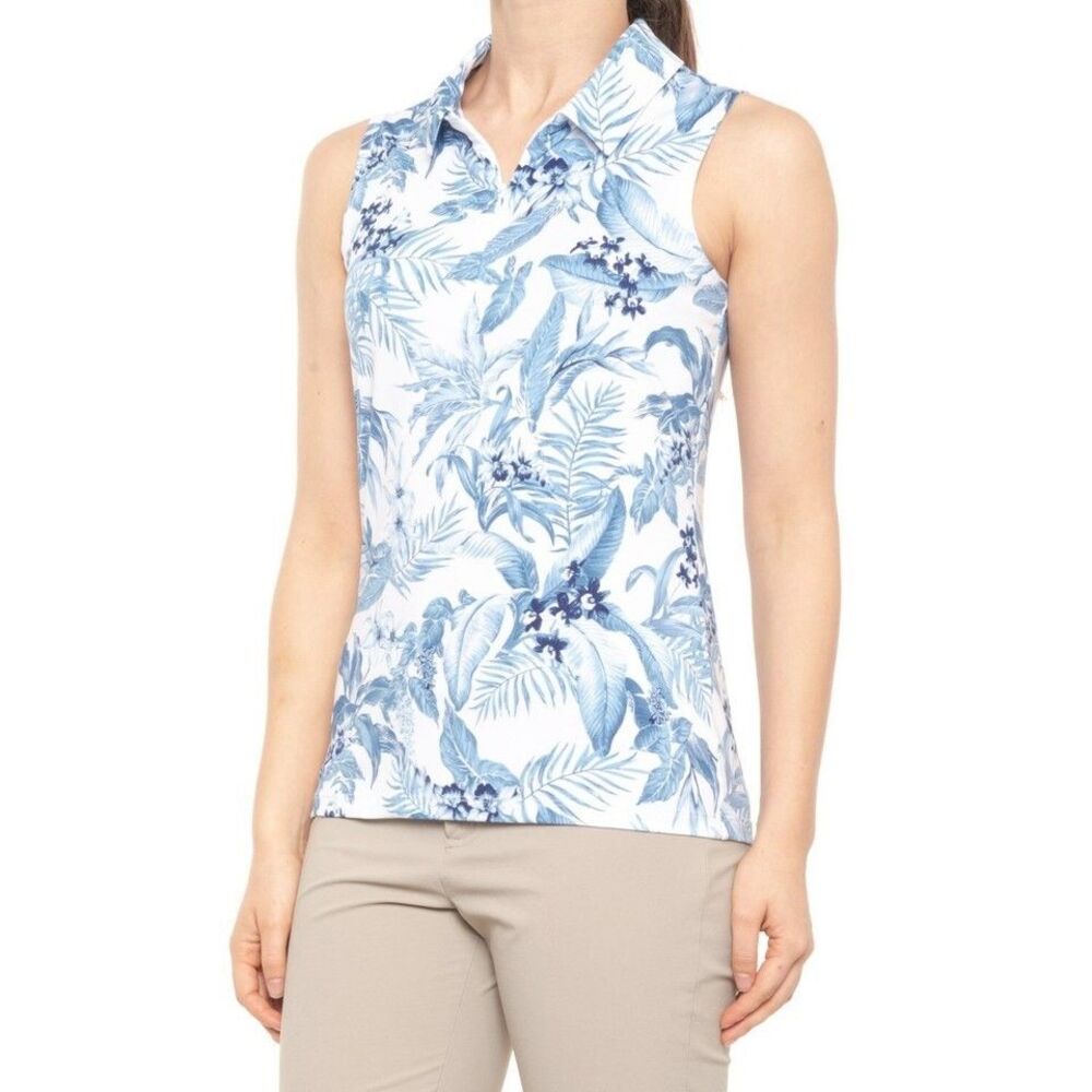 Tommy Bahama Golf Women's Small Blue/White Tabu Jungle Sleeve Polo Top
